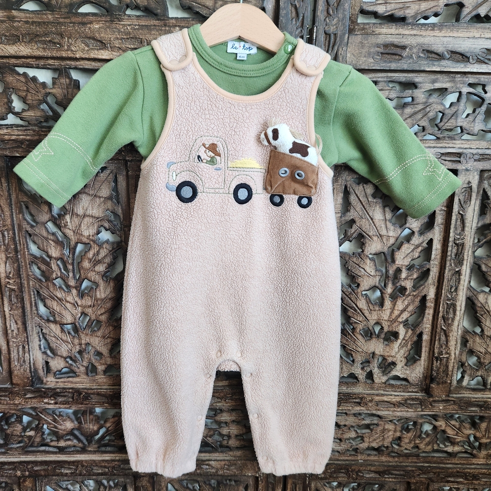 Vintage Le Top Fleece Overalls With Farmer & Horse And Matching Green Shirt.  6m